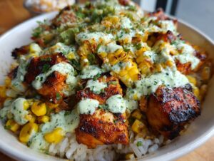 Close-up of a street corn chicken rice bowl featuring grilled chicken, charred corn, and a creamy green sauce over white rice.