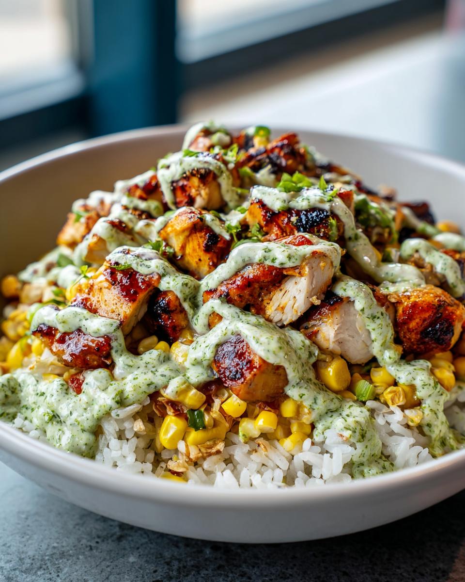 Close-up of a street corn chicken rice bowl featuring grilled chicken, corn, white rice, and a creamy green sauce drizzle.