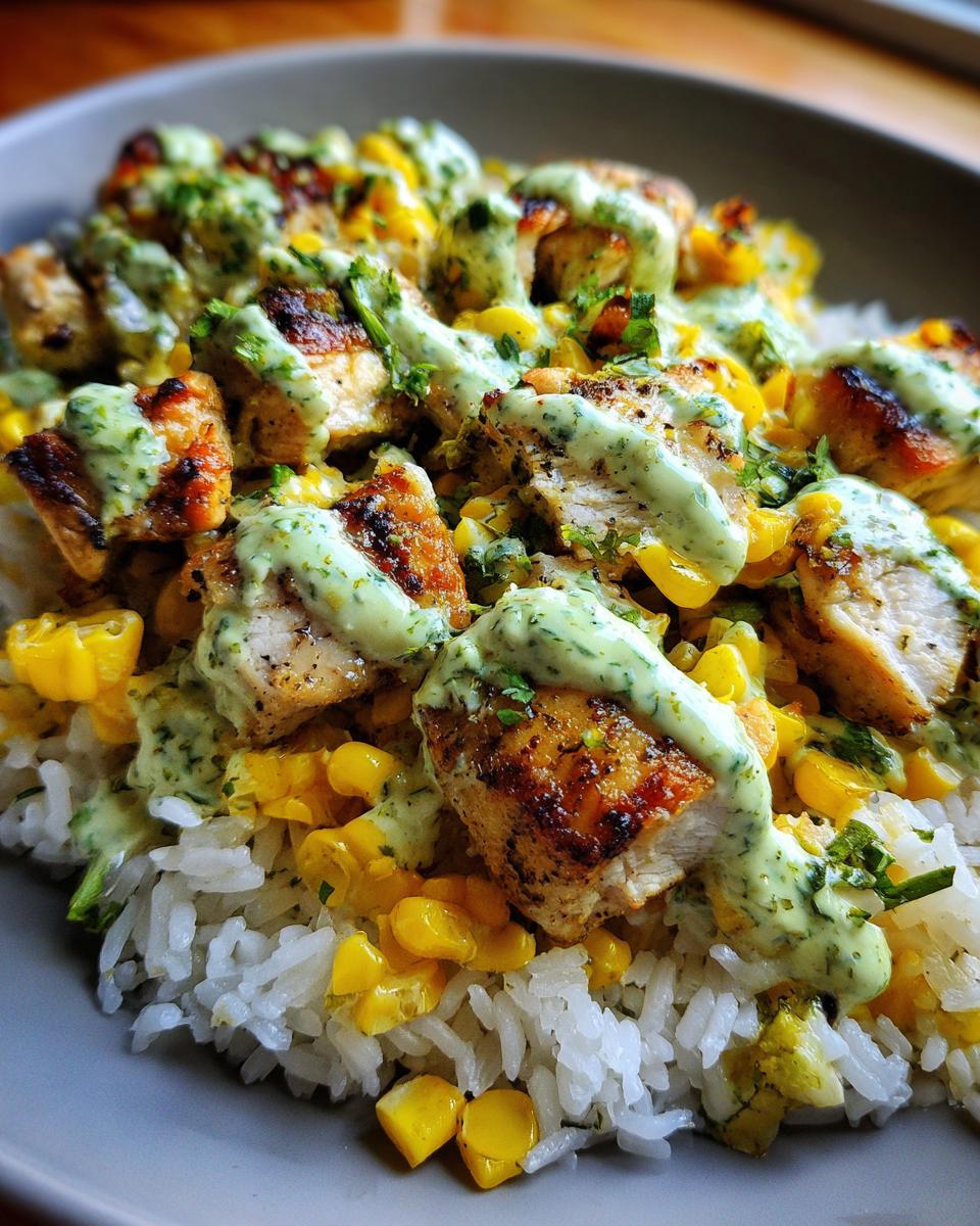 Close-up of a street corn chicken rice bowl featuring grilled chicken, yellow corn, and a creamy green sauce drizzled over top.