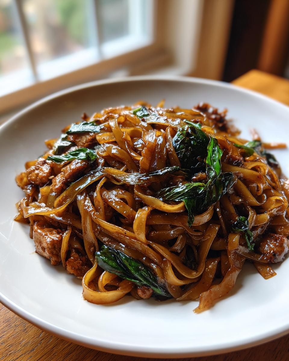 Close-up of glossy, dark brown street style Thai drunken noodles mixed with pieces of meat and fresh basil leaves.
