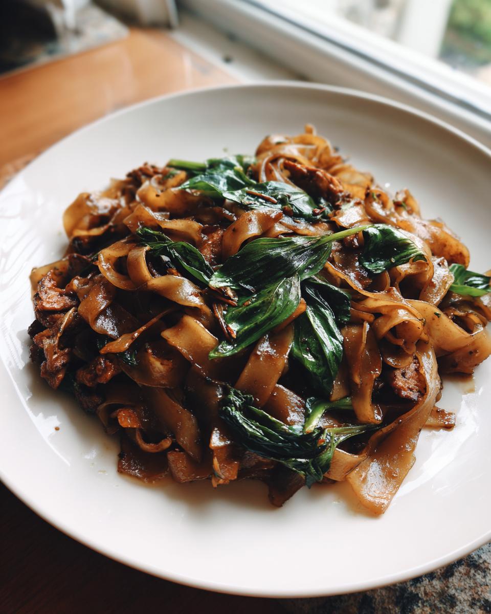 Close-up of glossy, wide rice noodles tossed in dark sauce with basil leaves, representing street style thai drunken noodles.