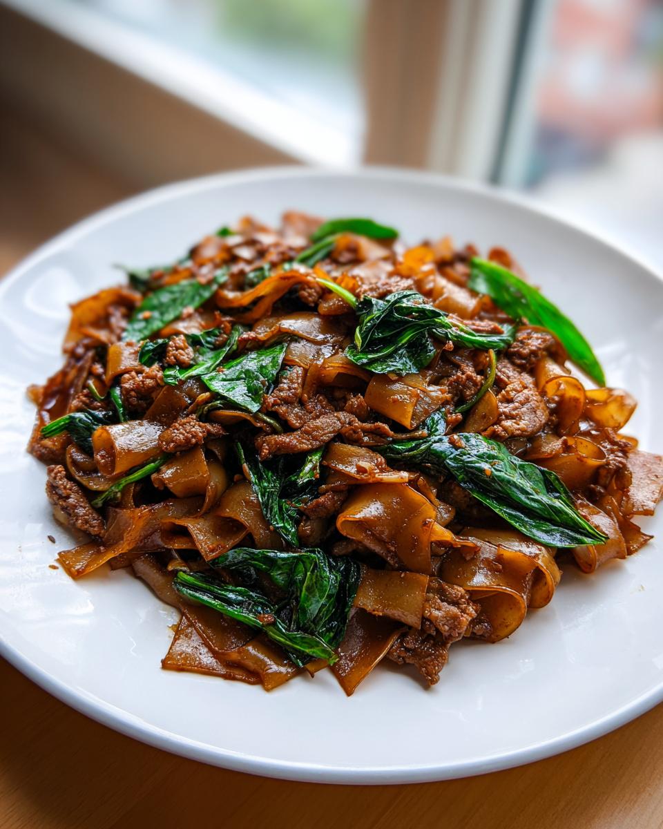 Close-up of glossy, dark brown street style thai drunken noodles mixed with beef and vibrant green basil leaves on a white plate.