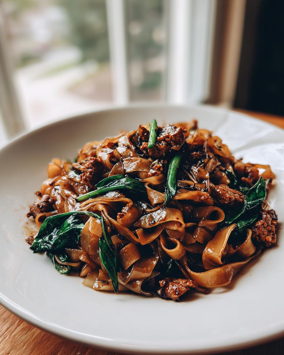 Close-up of glossy, wide rice noodles and dark meat mixed with green basil in street style thai drunken noodles.