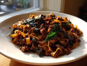 A close-up of savory street style Thai drunken noodles with wide rice noodles, ground meat, and fresh basil leaves.