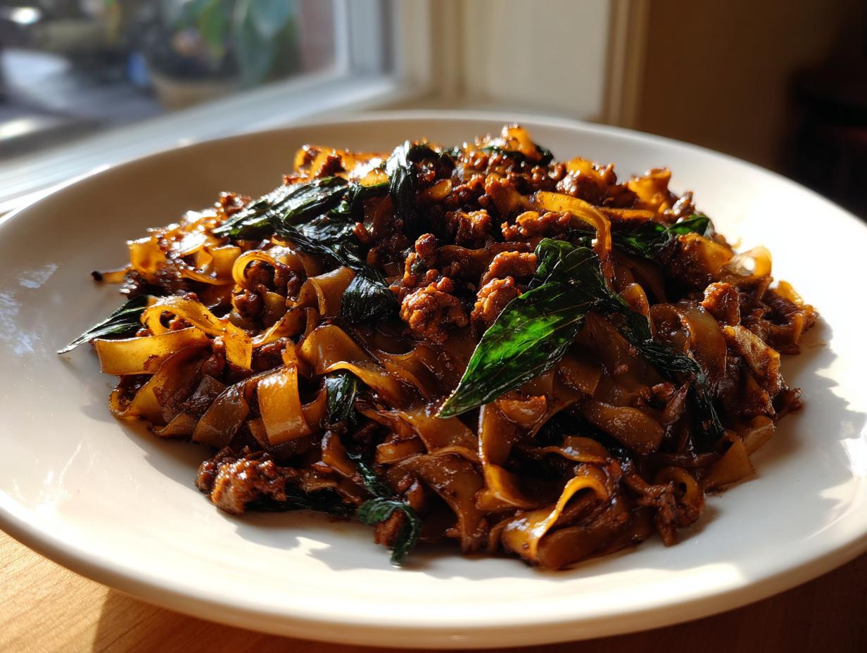A close-up of savory street style Thai drunken noodles with wide rice noodles, ground meat, and fresh basil leaves.