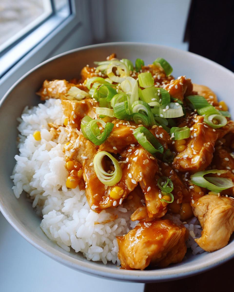 A close-up of a sweet corn chicken rice bowl topped with green onions and sesame seeds.