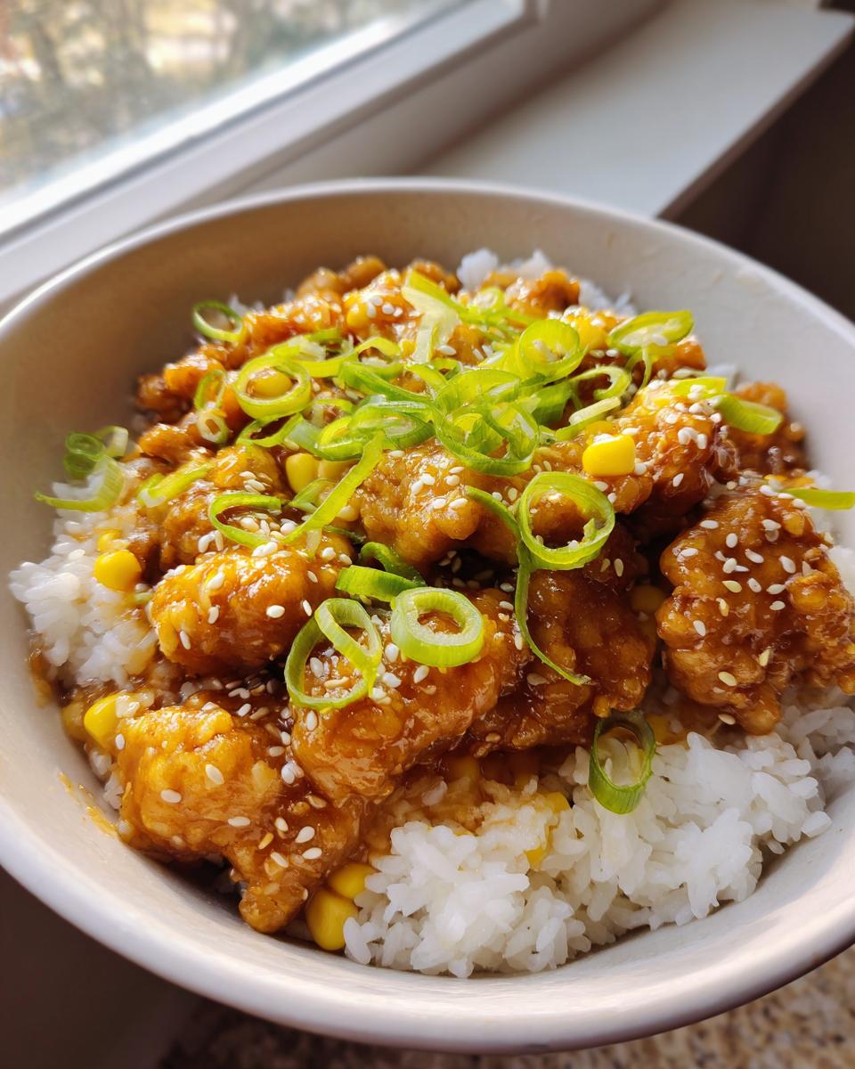A close-up of a sweet corn chicken rice bowl featuring glazed chicken pieces, white rice, corn, and green onions.