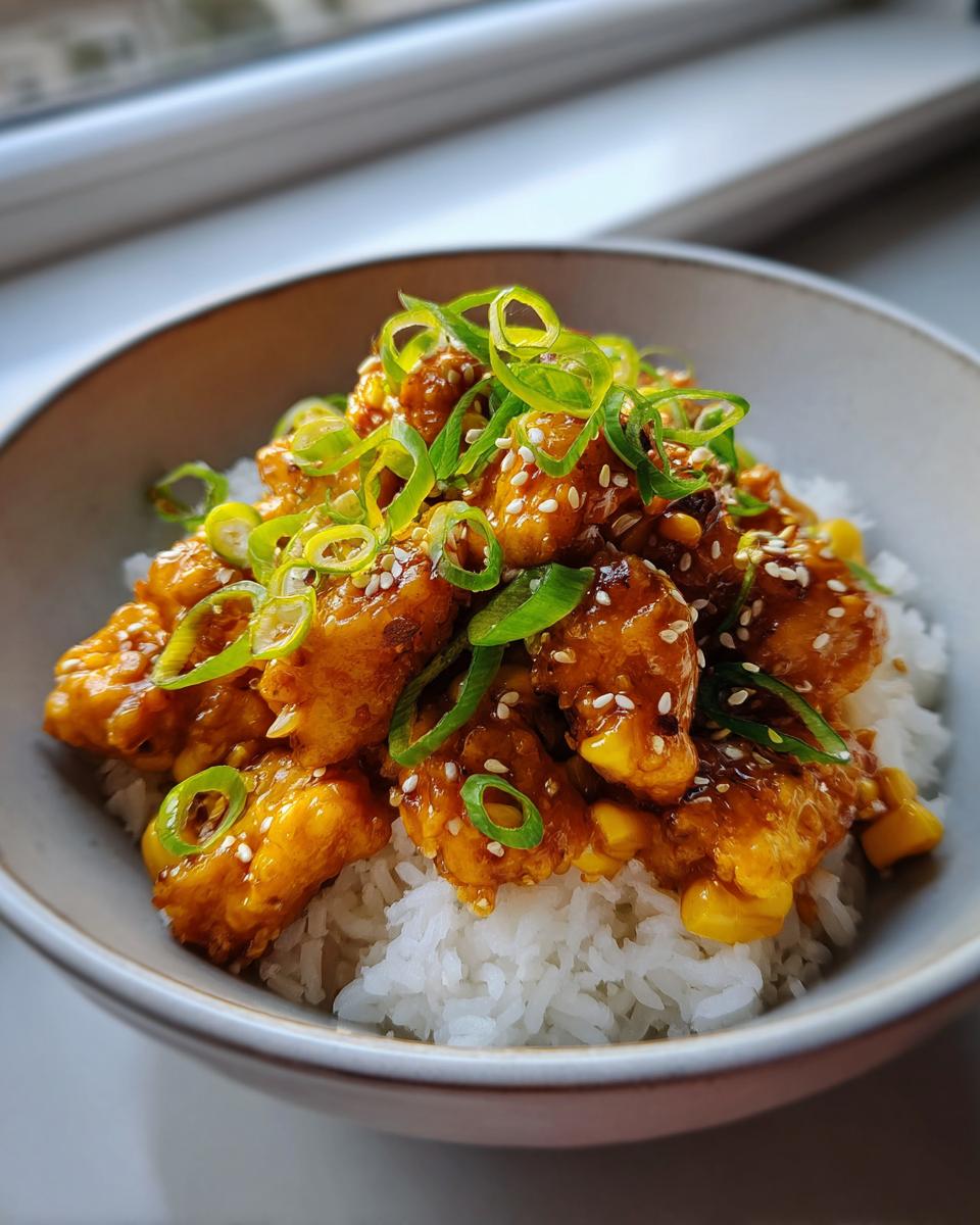A close-up of a sweet corn chicken rice bowl featuring glazed chicken pieces, corn kernels, and white rice, garnished heavily with sliced green onions and sesame seeds.