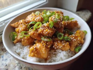 Close-up of a sweet corn chicken rice bowl topped with sesame seeds and sliced green onions.
