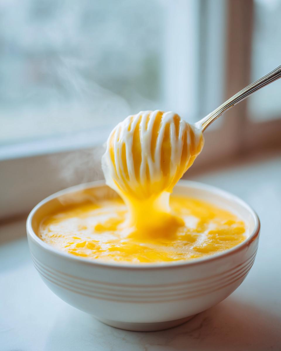 A spoonful of thick, bright yellow sweet corn soup with a swirl of cream being lifted from a white bowl.