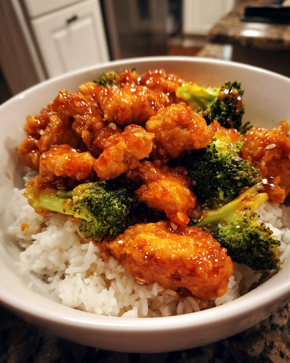 Close-up of a white bowl filled with white rice, topped with glossy orange glazed chicken pieces and bright green broccoli florets, perfect for a chicken rice bowl.