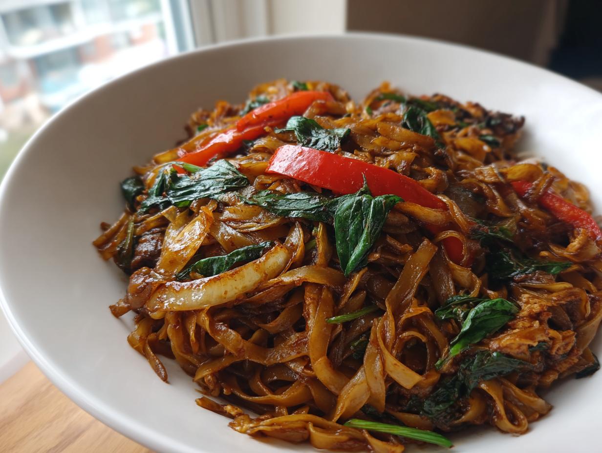 Close-up of a white bowl filled with saucy, dark brown thai drunken noodles, basil, and red peppers.