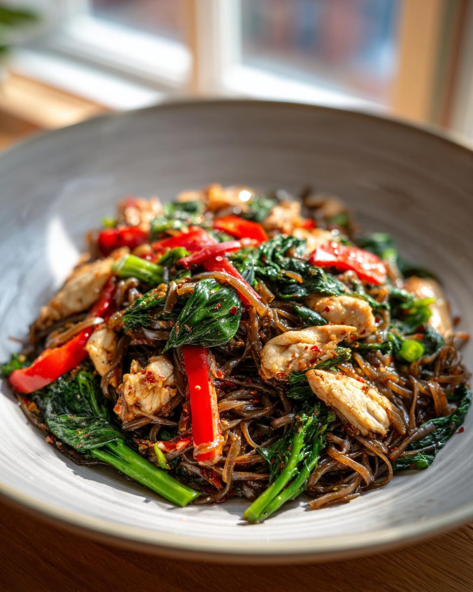 Close-up of a bowl of spicy Thai drunken noodles recipe chicken with dark noodles, green vegetables, and red peppers.