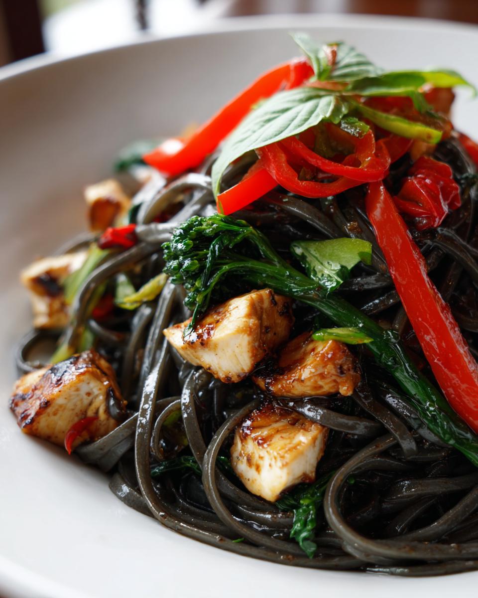 Close-up of stir-fried dark noodles, chicken pieces, red peppers, and basil in a thai drunken noodles recipe.