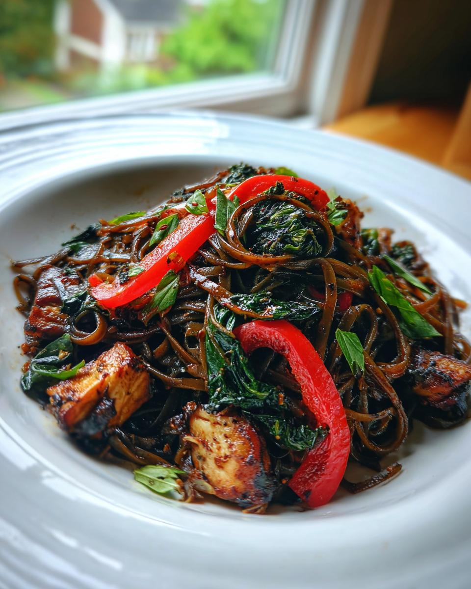 Close-up of a plate featuring dark, glossy Thai drunken noodles recipe chicken with red bell peppers and basil.