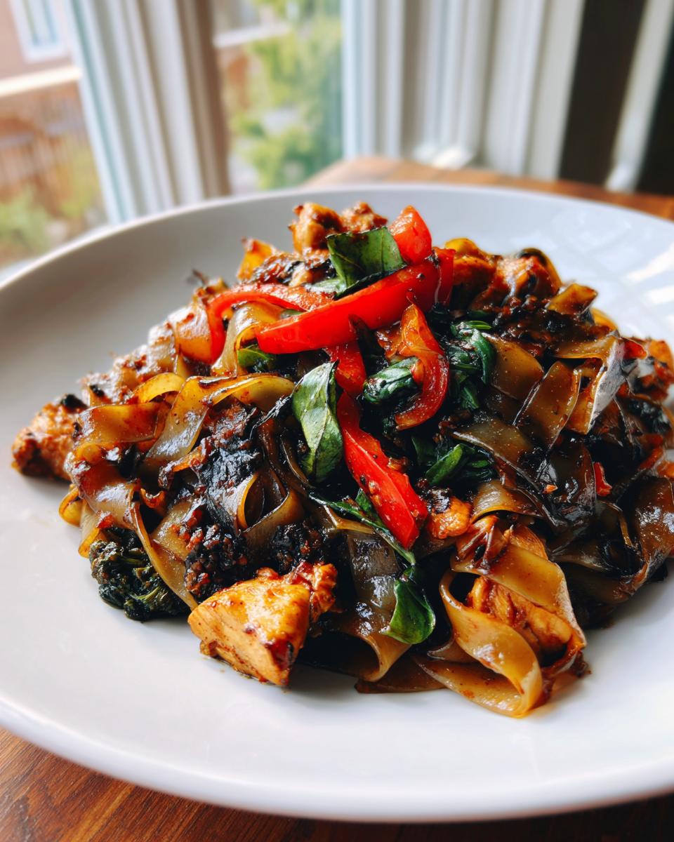 A close-up of a plate of spicy Thai drunken noodles recipe chicken with wide rice noodles, red peppers, and basil.