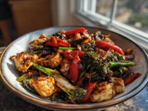 Close-up of a bowl of Thai drunken noodles recipe chicken stir-fry with peppers and broccoli.