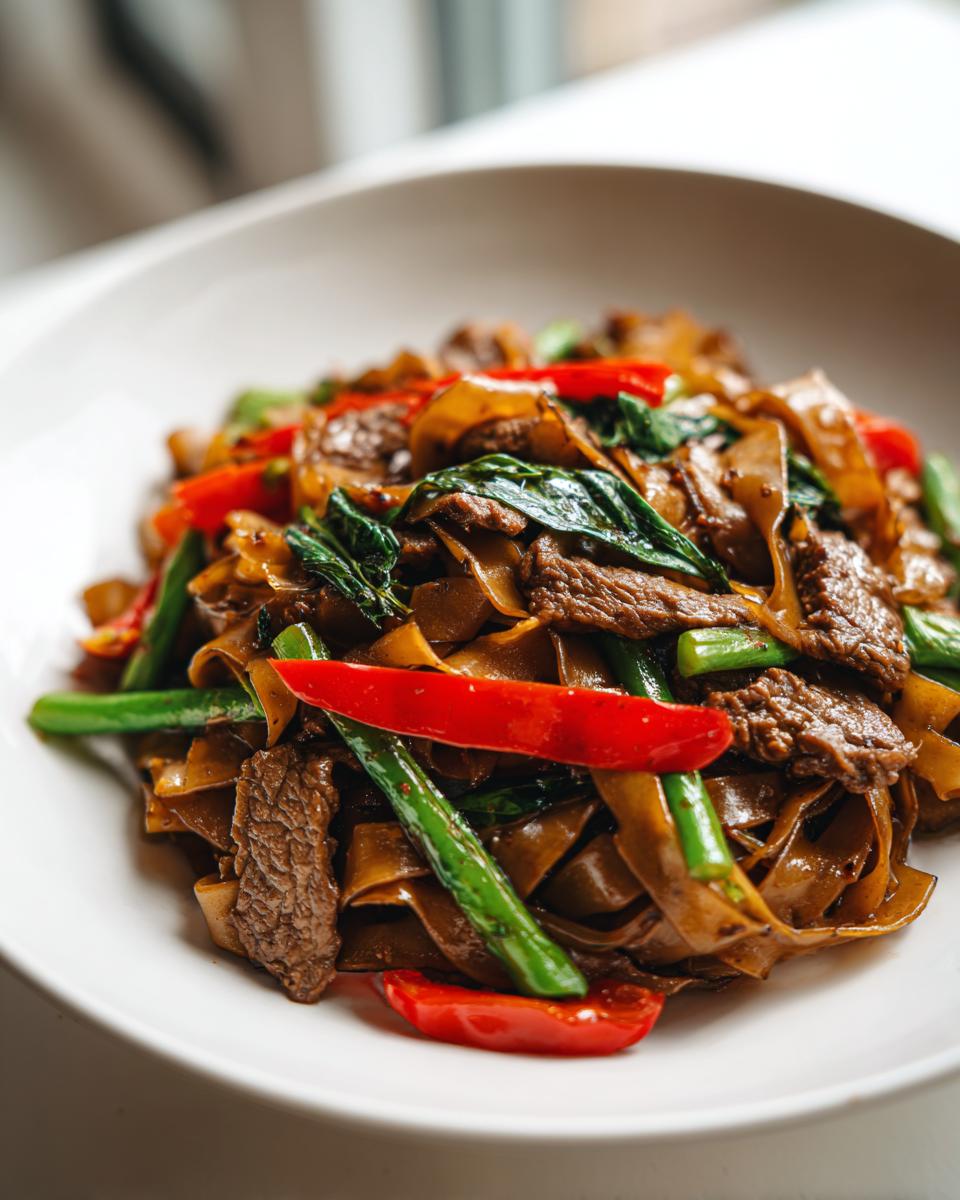 A close-up of a white bowl filled with savory thai drunken noodles with beef, wide noodles, red peppers, and green vegetables.