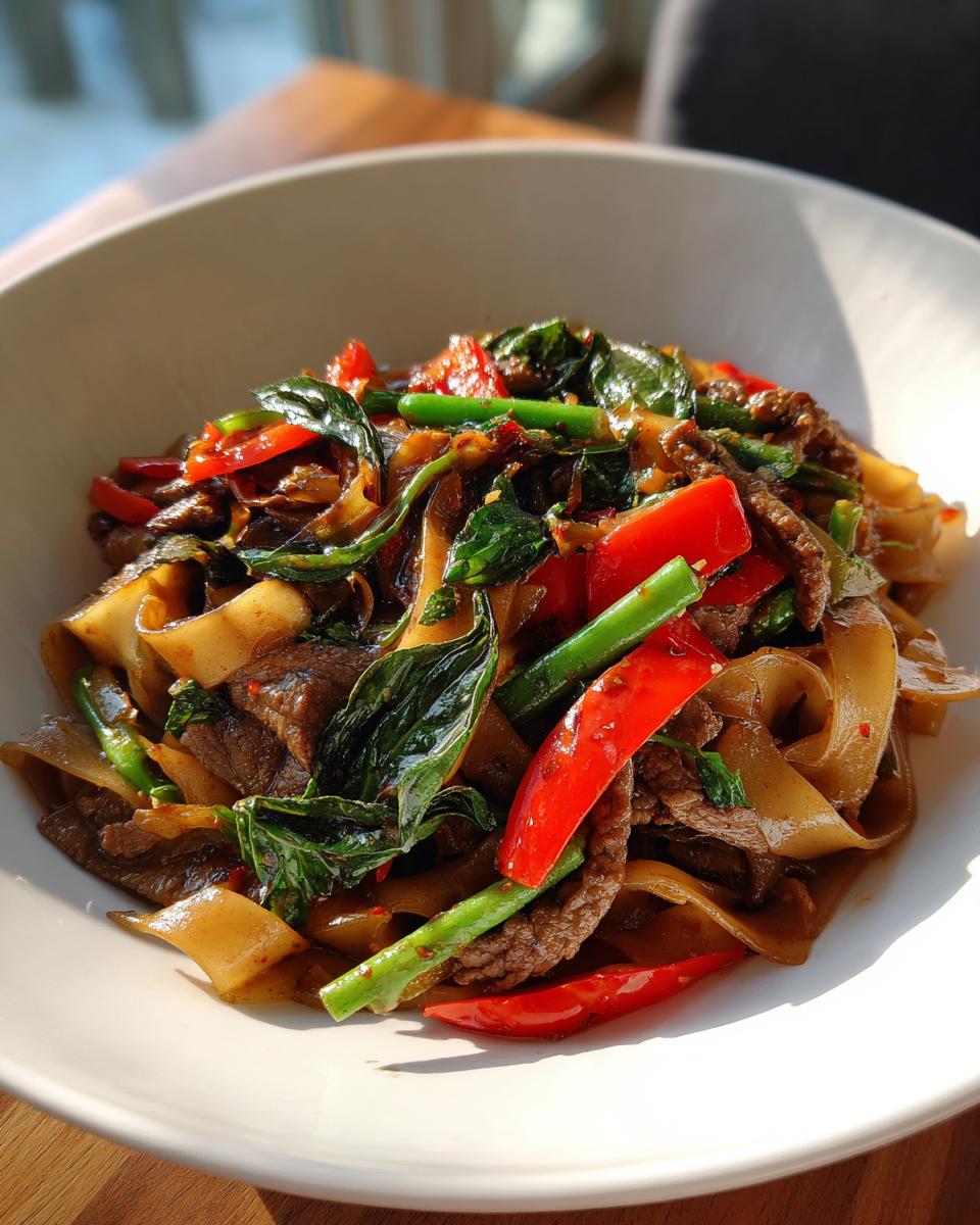 A close-up shot of vibrant thai drunken noodles with beef, wide rice noodles, red peppers, and basil in a white bowl.