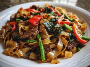 Close-up of a serving of saucy Thai drunken noodles with beef, red peppers, and green beans on a white plate.