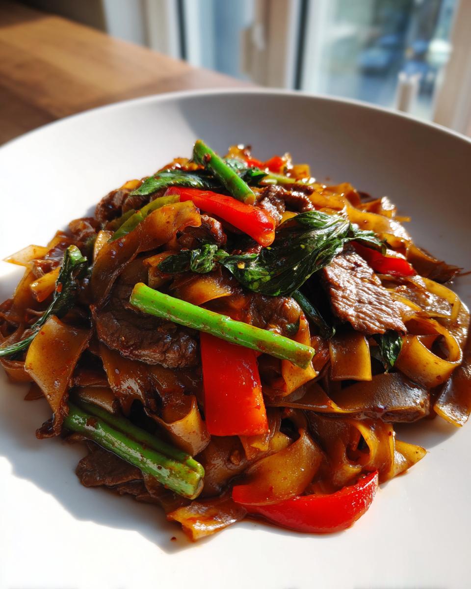 Close-up of glossy, stir-fried thai drunken noodles with beef, red peppers, and green beans.