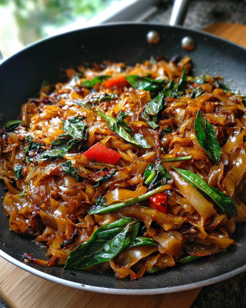 Close-up of glossy, dark brown thai drunken noodles stir-fried with fresh basil leaves and red chili peppers in a black pan.