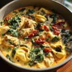 Close-up of creamy Tuscan chicken tortellini soup featuring chunks of chicken, spinach, and sun-dried tomatoes.