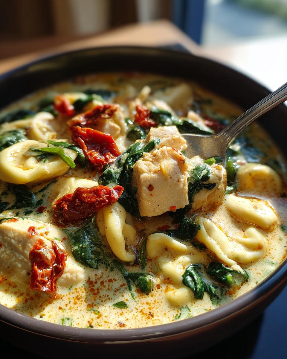 A spoonful lifts chunks of chicken and spinach from a bowl of creamy Tuscan chicken tortellini soup.