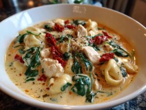 A close-up of creamy Tuscan chicken tortellini soup with spinach, sun-dried tomatoes, and chicken chunks.