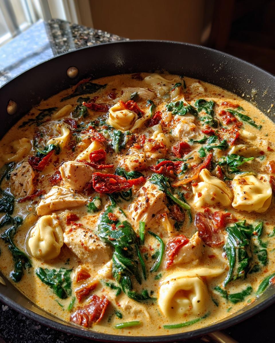 Close-up of creamy Tuscan chicken tortellini soup with spinach and sun-dried tomatoes in a black skillet.