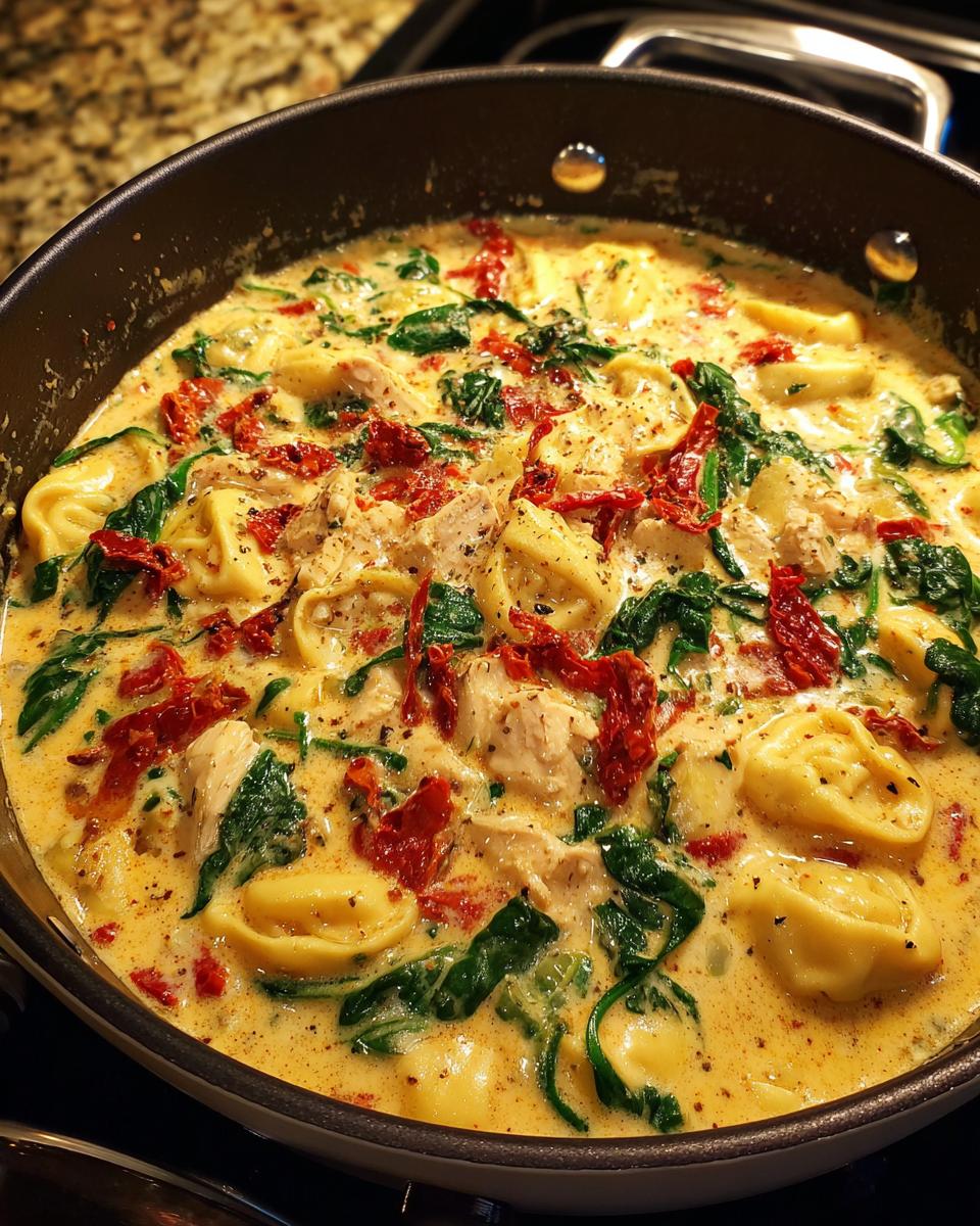 Close-up of creamy Tuscan chicken tortellini soup with spinach and sun-dried tomatoes in a dark skillet.
