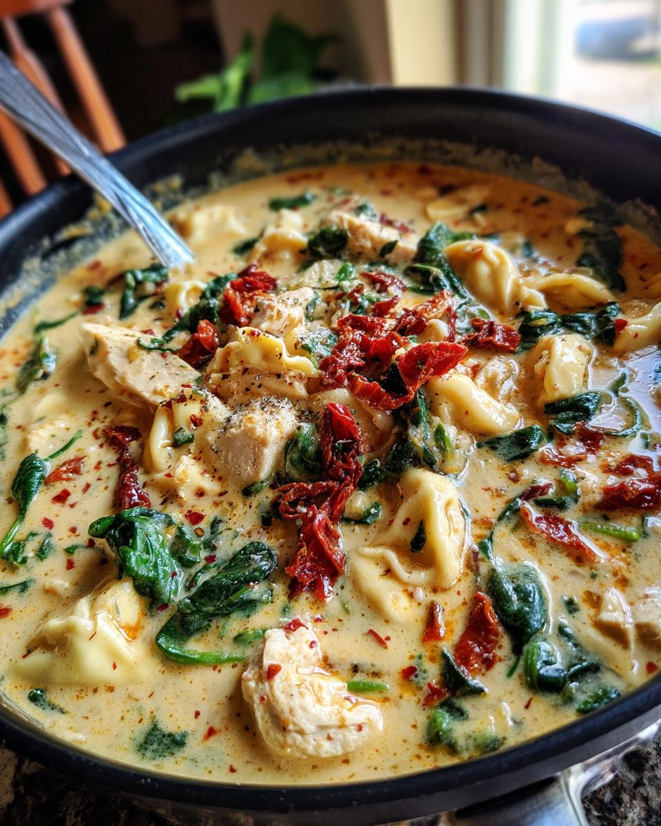 Close-up of creamy Tuscan chicken tortellini soup filled with chicken, spinach, and sun-dried tomatoes.