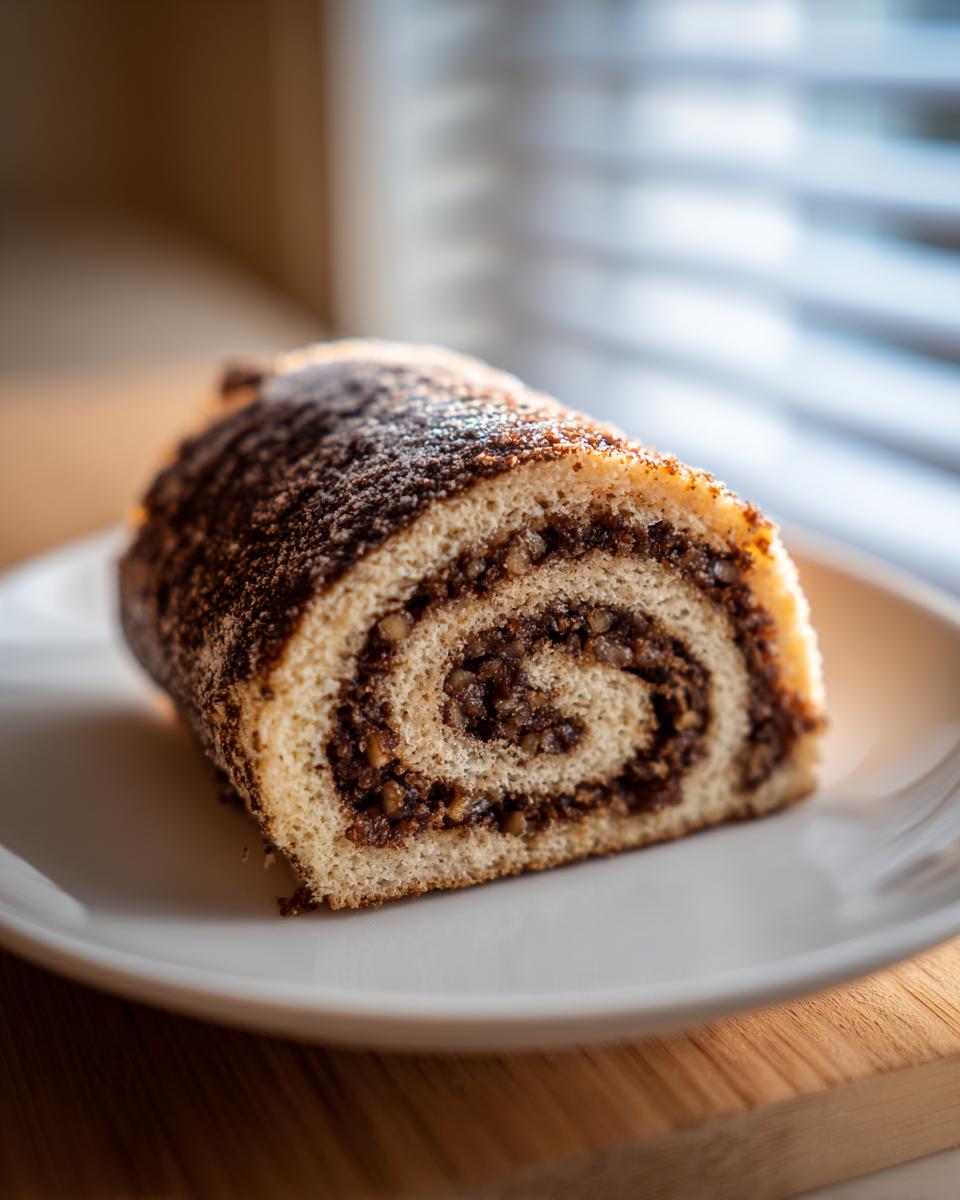 Close-up of a slice of Valerie Bertinelli Italian Nut Roll Cookies showing the spiral nut filling.