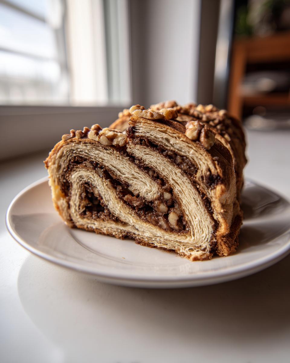 Close-up of sliced Valerie Bertinelli Italian nut roll cookies showing swirled dough and walnut filling.