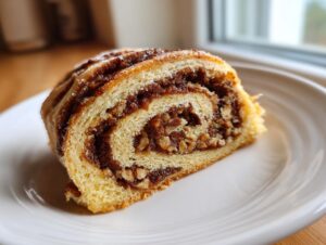 Close-up of a slice of Valerie Bertinelli Italian Nut Roll Cookies showing the swirled dough and rich nut filling.