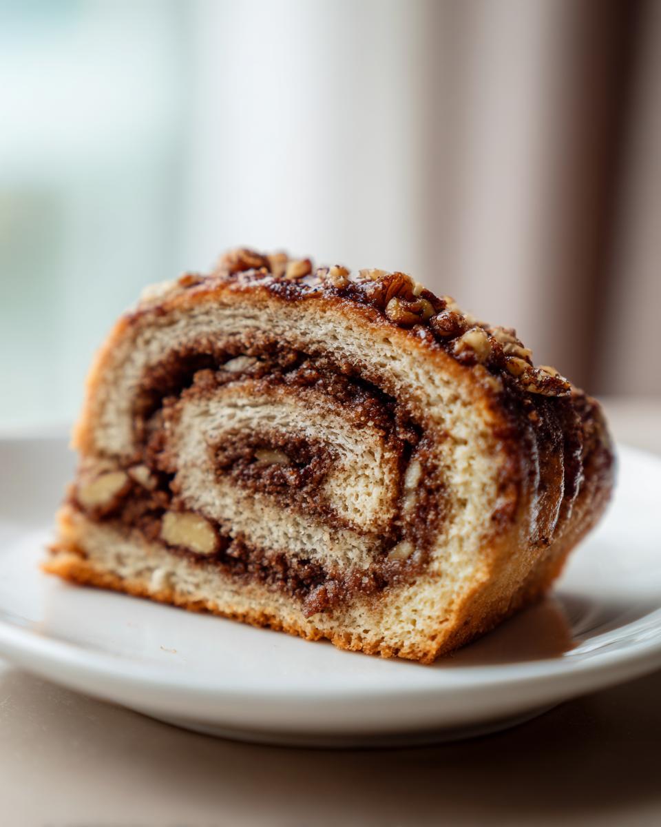 Close-up of a slice of Valerie Bertinelli Italian nut roll cookies showing the swirl of nut filling and topping.