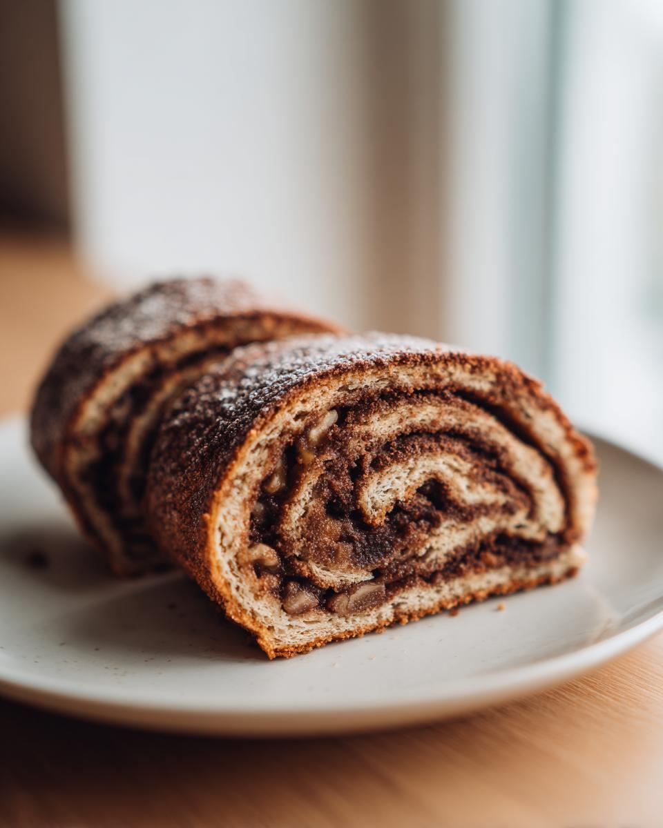 Close-up of two slices of Valerie Bertinelli Italian nut roll cookies dusted with powdered sugar.
