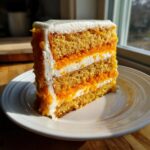 A tall slice of vegan orange creamsicle cake showing three layers of orange cake and white frosting filling.