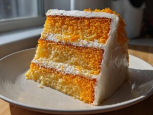 A tall slice of vegan orange creamsicle cake showing layers of orange and white cake, white frosting, and orange zest sprinkles.
