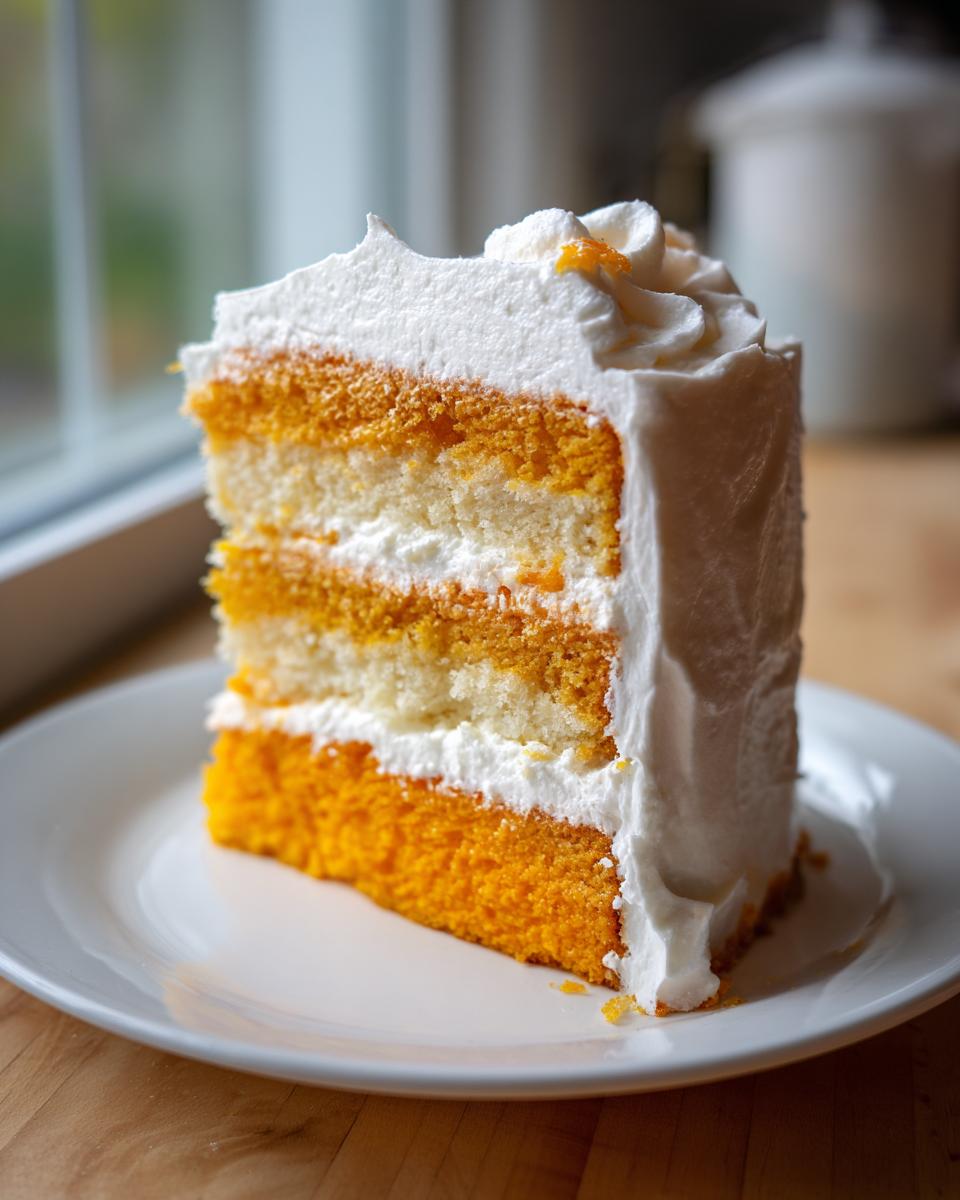 A tall slice of vegan orange creamsicle cake featuring alternating layers of orange and white sponge with thick white frosting.