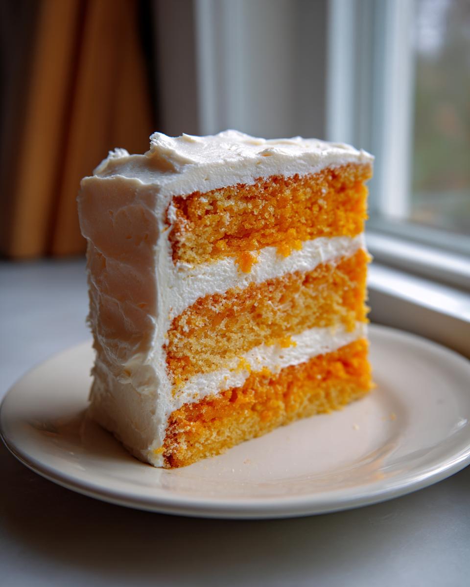 A tall slice of vegan orange creamsicle cake featuring three layers of bright orange cake separated by white frosting.