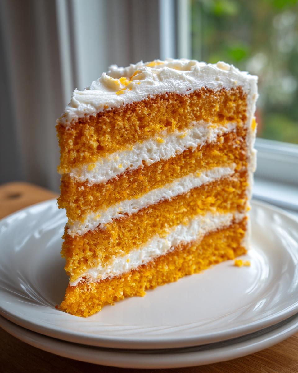 A tall slice of vegan orange creamsicle cake showing four layers of orange sponge and three layers of white frosting.