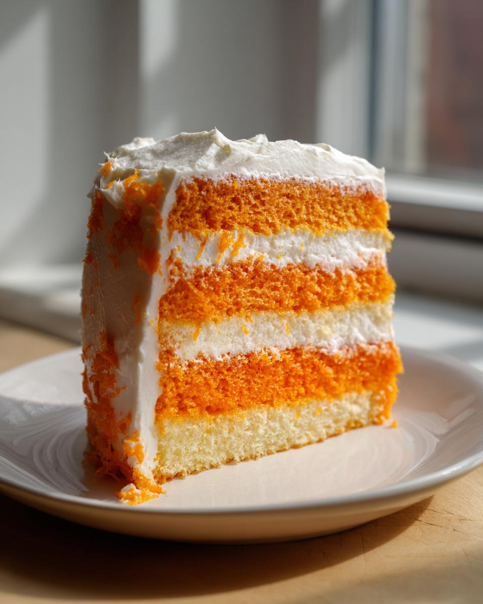 A tall slice of vegan orange creamsicle cake featuring alternating layers of bright orange sponge and white cream filling.