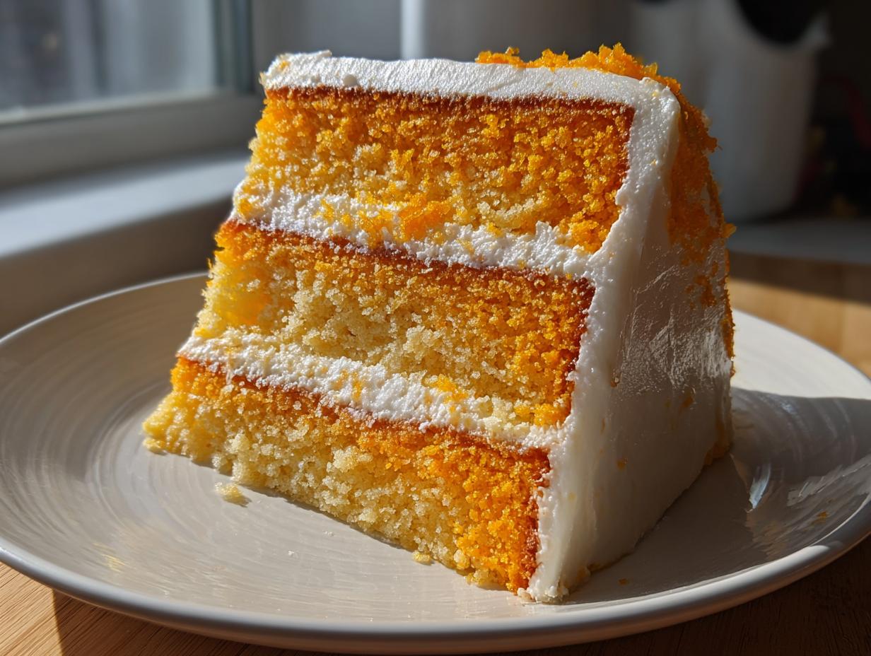 A tall slice of vegan orange creamsicle cake showing layers of orange and white cake, white frosting, and orange zest sprinkles.