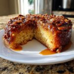 A slice removed from a moist vegan pecan upside down cake topped with glossy caramel and pecans.