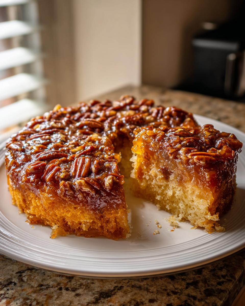 Close-up of a moist vegan pecan upside down cake with a thick, glossy pecan topping, a slice removed.