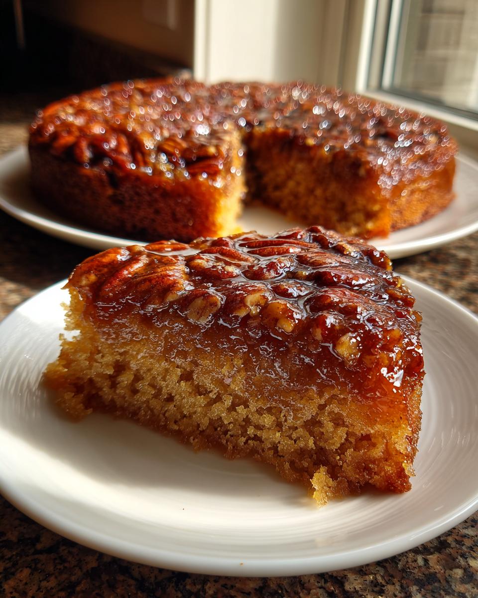 A close-up slice of moist vegan pecan upside down cake with a glossy, caramelized pecan topping.