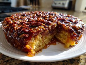 A slice removed from a glistening vegan pecan upside down cake, showing the moist crumb and sticky caramel topping.