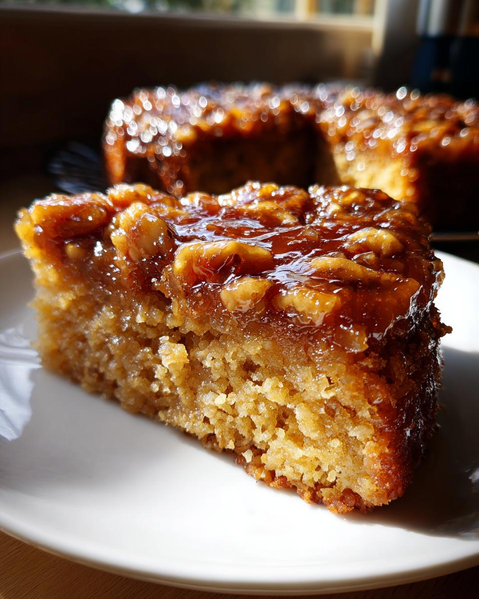 A close-up slice of moist vegan pecan upside down cake topped with a glossy, sticky pecan caramel topping.