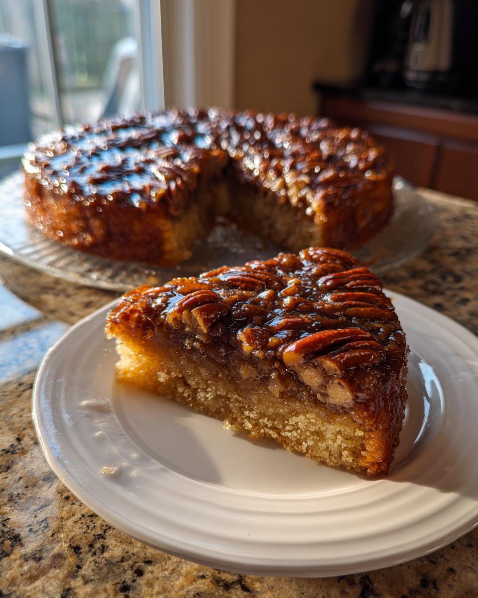 A slice of rich vegan pecan upside down cake with a sticky, caramelized pecan topping, set against the whole cake.